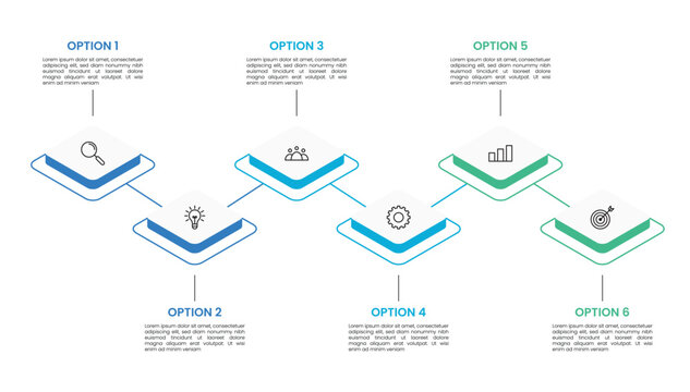 6 step, option, stage or process timeline diagram isometric infographic design with icons. 