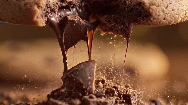 Close up of a chocolate chip cookie breaking apart with molten chocolate dripping.