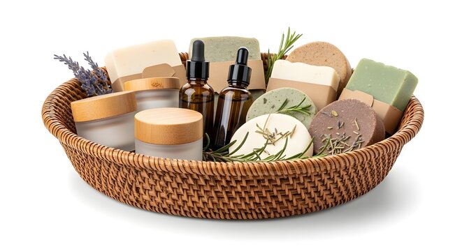 Assorted natural bath and body care products arranged in a woven basket