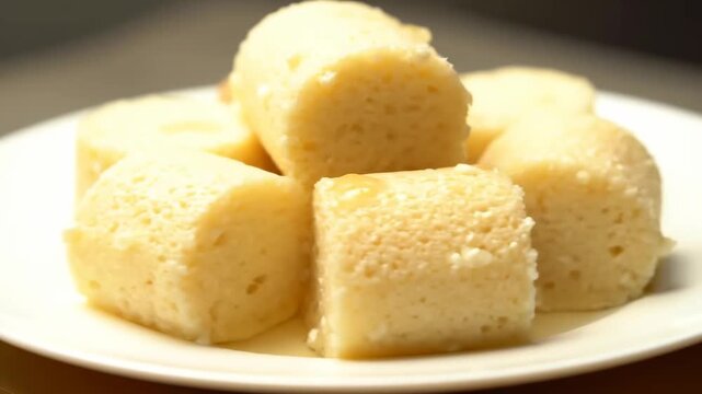Close-up of light and fluffy cylindrical mini sponge cakes or steamed pudding pieces soaked in syrup on a white serving plate.