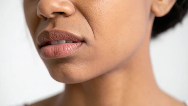 Close-up of an African American woman's mouth with a subtle grimace expression