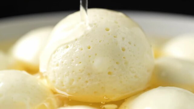 Macro shot of rasgulla, a traditional indian sweet, being drenched in sweet saffron syrup, highlighting the porous texture of the spongy dessert balls.