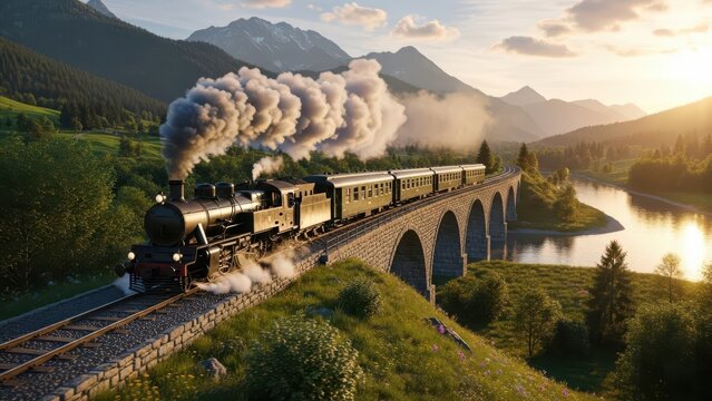 Vintage steam train crossing mountain bridge at sunset