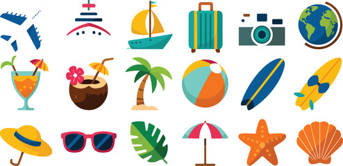 Travel tourism sticker collection with summer vacation icons journey tour elements luggage airplane camera and destination cartoon vector illustration set © MDABU