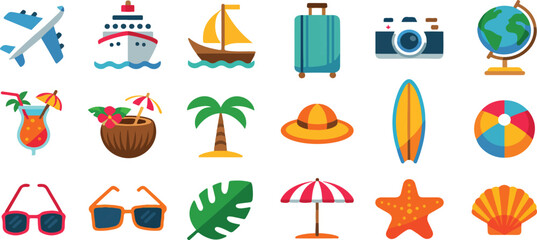 Travel tourism sticker collection with summer vacation icons journey tour elements luggage airplane camera and destination cartoon vector illustration set © MDABU