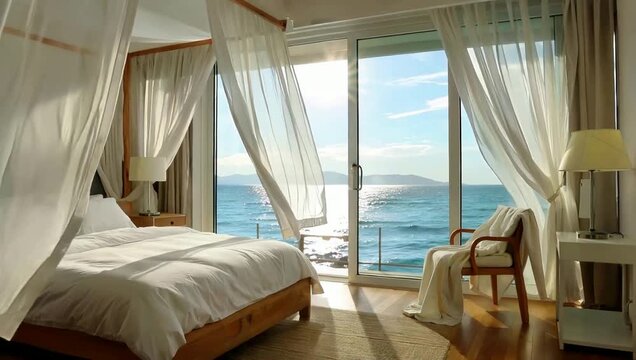Bedroom with canopy bed and ocean view through curtains