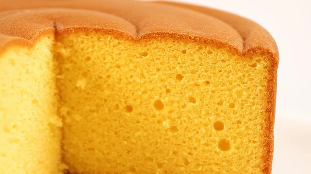 Delicious japanese castella or chiffon sponge cake with a perfect golden crust and light, airy texture, macro shot of a cut section against white backdrop.