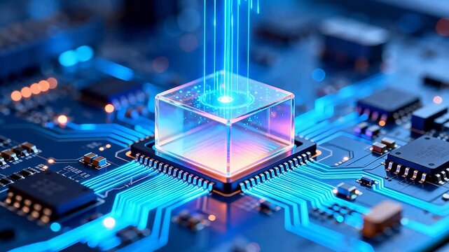 Microchip with glowing cube and circuitry