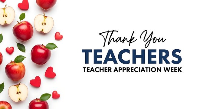 A colorful teacher appreciation week poster with apples and hearts on white background thanking teachers
