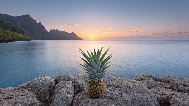 A Stunning Tropical Sunset Over Calm Waters Featuring a Fresh Pineapple on Rocky Outcrops - Perfect for Food Enthusiasts and Nature Lovers Alike