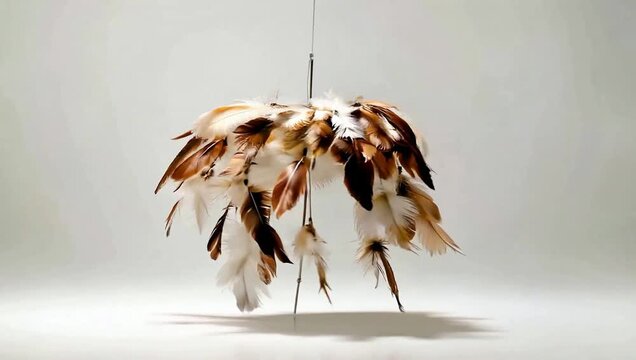 Brown and white feathers cascade from hanging light fixture