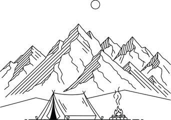 A simple black and white drawing of a tent in the mountains under a full moon. © SHIRIN