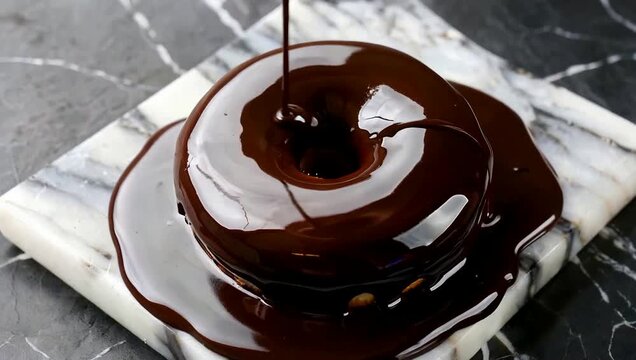 Chocolate glaze pouring over a doughnut on marble