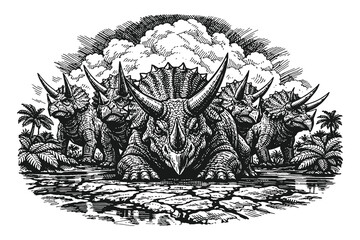 Vintage engraving style triceratops herd in prehistoric landscape with dramatic clouds, detailed black and white hand drawn dinosaur vector illustration. © Chairul