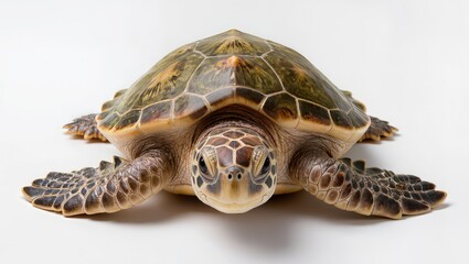 Obraz premium Sea turtle facing camera isolated on white background, marine reptile and ocean wildlife animal with detailed shell and flippers.