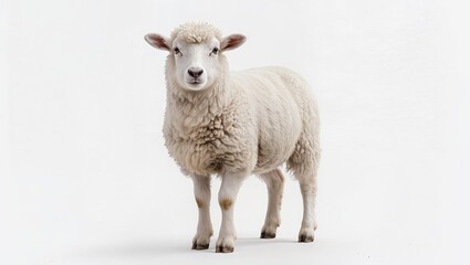 Fototapeta premium White sheep standing and looking at camera isolated on white background, farm livestock animal used for wool and agriculture.