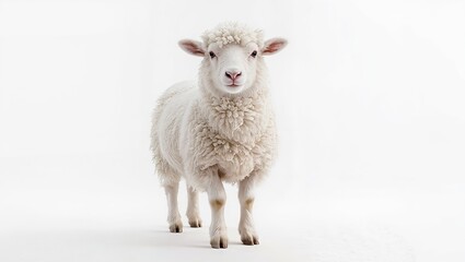 Fototapeta premium White sheep standing and looking at camera isolated on white background, farm livestock animal used for wool and agriculture.