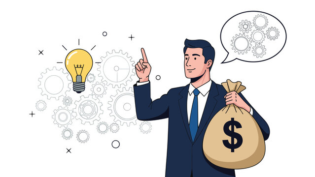 Businessman points upward, holding a money bag, with a lightbulb and gears in the background, symbolizing profitable ideas, innovation, and strategic thinking.