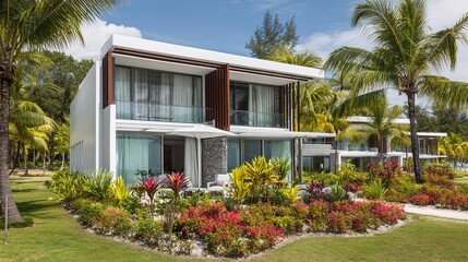 Fototapeta premium beachfront. Beachfront accommodation unit surrounded by tropical greenery. tourism brochures, itinerary planners, designed for hospitality marketing for hotel rooms and spa retreats.