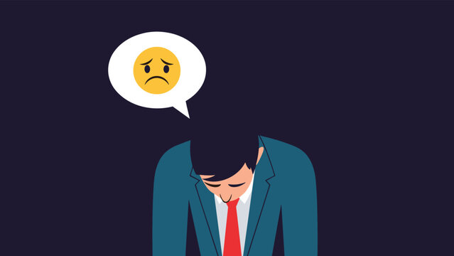 Distressed businessman hangs his head low, with a sad emoji in his thought bubble, symbolizing feelings of depression, failure, stress, or deep disappointment.