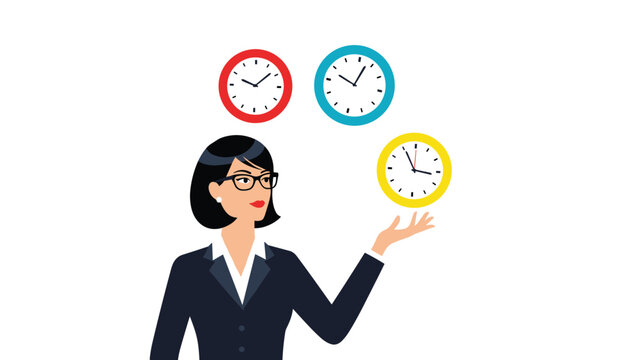 Focused businesswoman expertly juggling three colorful clocks in the air, representing efficient time management and multitasking skills.