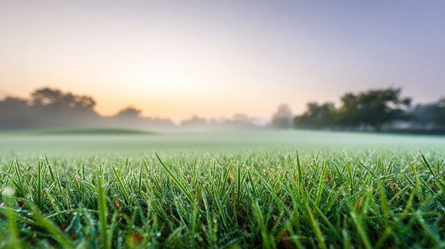 fairway. Pristine golf course at sunrise, with dew-covered grass and a misty horizon. travel magazines, destination branding, designed for travel destination branding, used by curriculum designers.