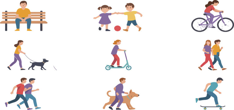 People daily activities vector set with walking running cycling dog walking family and outdoor lifestyle scenes illustration collection