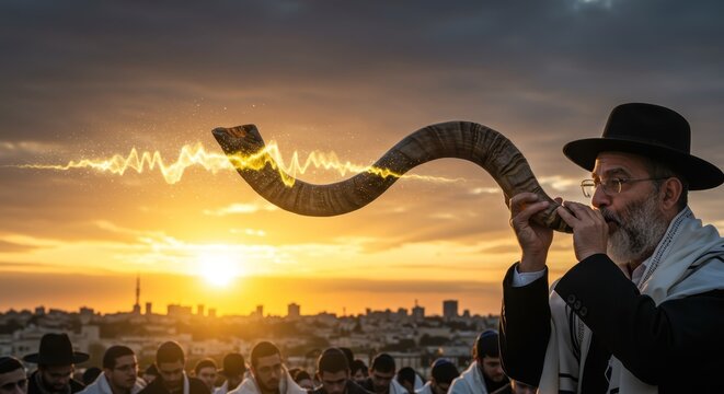 Jewish man blowing shofar during sunset. Rosh Hashanah ceremony with a spiritual light effect. Celebration of a Jewish New Year holiday.