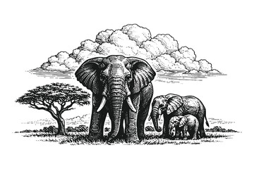 Vintage Woodcut Vector Illustration of an African Elephant Family in the Savanna with Acacia Tree, Hand Drawn Engraving Style Wildlife Art. © Chairul