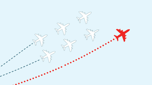 Several white airplanes flying in formation, with one distinct red airplane breaking away and charting a bold, new flight path.
