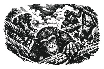 Fototapeta premium Wild Chimpanzees Climbing on Jungle Tree Branches, Detailed Woodcut Vector Illustration of Primates in Vintage Engraved Nature Style Art.