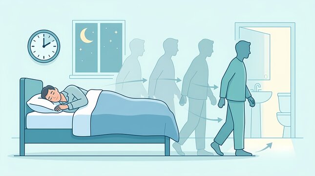 Illustration showing nocturia with a person repeatedly waking at night and walking from bed to bathroom, explaining frequent nighttime urination and sleep disturbance in adults