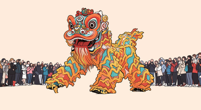 Crowds gather to watch a lion dance performance during a cultural celebration in a busy city. Bright colors and movements impress onlookers.
