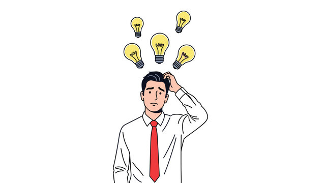 Confused businessman scratching his head with multiple lightbulbs symbolizing new ideas and inspiration above.