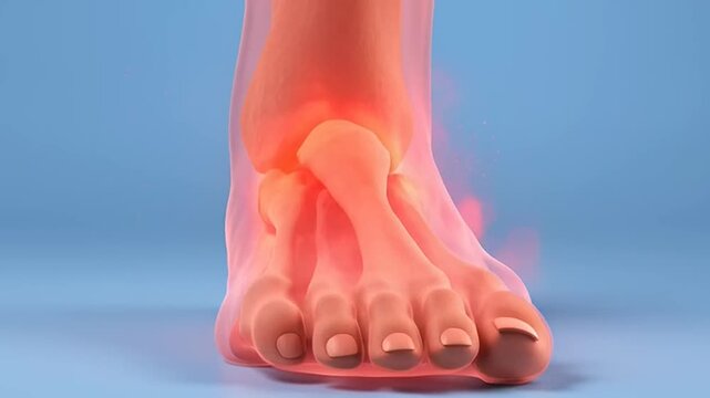 Anatomical illustration of a human foot and ankle showcasing inflamed bones and joints, highlighting pain and discomfort associated with foot conditions and injuries.