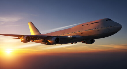 Fototapeta premium Commercial airplane flying at sunset golden hour light illuminating the aircraft against a dramatic sky concept for travel and aviation