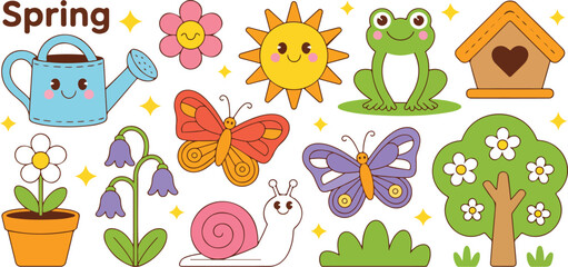 Cute Spring Nature Illustration Set with Kawaii Flowers Butterflies Frogs Snail Sun Watering Can Tree and Garden Elements Seasonal Vector © MDABU
