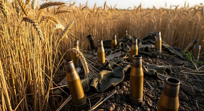 Shell casings in a wheat field agricultural landscape day outdoors