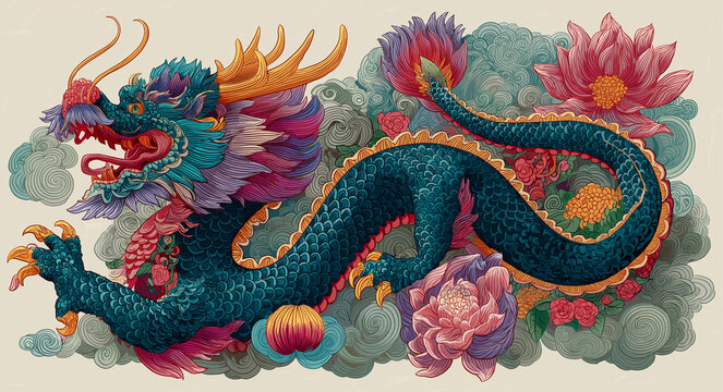 Detailed chinese dragon surrounded by clouds and flowers. Perfect for designs needing a touch of oriental elegance and cultural symbolism.