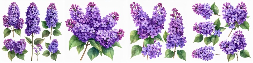 Fototapeta premium Watercolor purple lilac flowers with soft blossoms and fresh green leaves, delicate spring botanical illustration isolated on clean white background