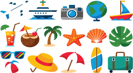 Travel Stickers Illustration Set for Tourism and Summer Vacation with Cartoon Journey and Tour Graphic Elements © MDABU