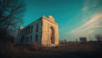 Obraz premium Abandoned building with large archway standing alone in a desolate landscape under a blue sky