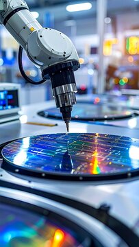 A robotic arm interacts with shiny silicon wafers in a tech facility