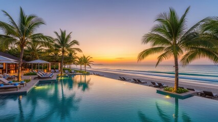 Serene sunset by the beachfront pool