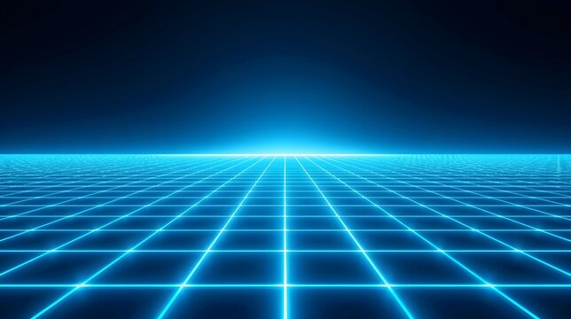 A glowing blue neon grid perspective stretching toward a distant horizon line in deep space.