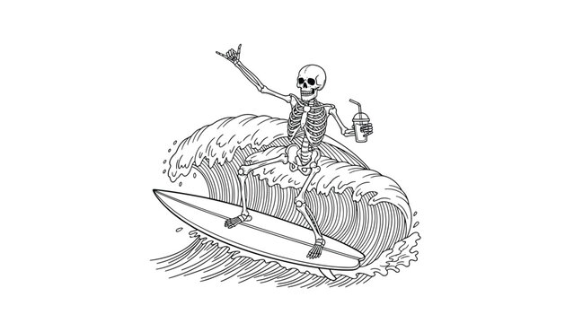 Funny skeleton character surfing on a large wave while holding a drink and making a shaka sign in a detailed line art style.