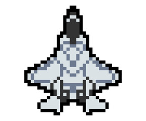 8-bit retro gaming style vector illustration of military stealth aircraft F35. Modern combat aeroplane pixel drawing. F-35 jet fighter pixel art design from upper view.