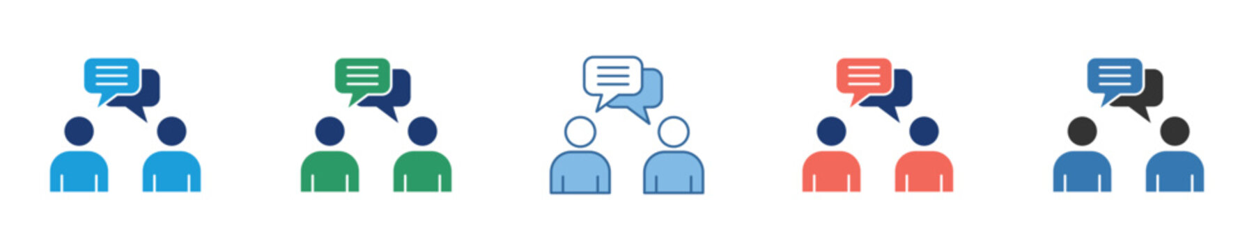 Vibrant multi-colored icon set illustrating people in discussions, conversations, and meetings, symbolizing effective communication, collaboration, and social interaction