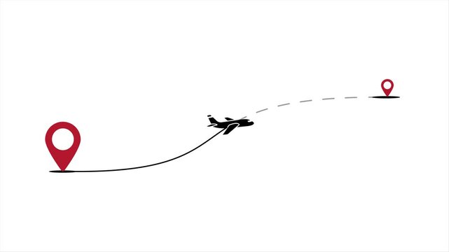 Airplane Silhouette Flight Path Animation Following Dotted Route Between Two Location Pins on White Background for Travel Journey and Destination Concept