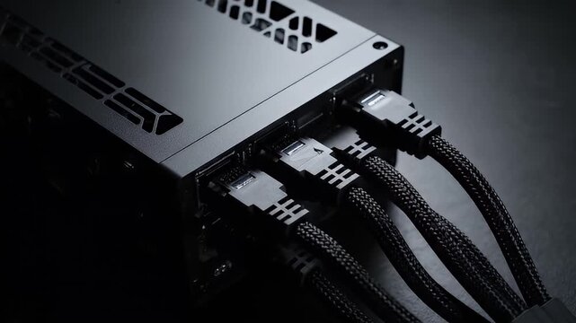 Closeup Black Network Switch With Braided Ethernet Cables